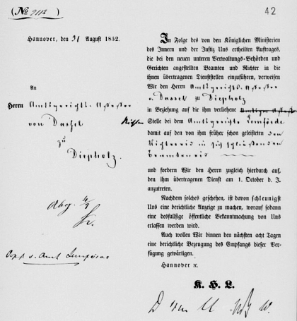 Dienstantritt des Alexander von Dassel beim Amtsgericht Lemförde (NLA HA Hann. 80 Hannover Nr. 09191) Dienstantritt des Alexander von Dassel beim Amtsgericht Lemförde (NLA HA Hann. 80 Hannover Nr. 09191) © Samtgemeinde Altes Amt Lemförde