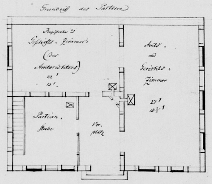Grundriss des Parterres des Amtsstubengebäudes vom 29.05.1851 (NLA HA Hann. 80 Hannover Nr. 09198) Grundriss des Parterres des Amtsstubengebäudes vom 29.05.1851 (NLA HA Hann. 80 Hannover Nr. 09198) © Samtgemeinde Altes Amt Lemförde