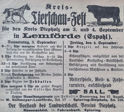 Kreistierschaufest Diepholzer Kreisblatt Diepholzer Kreisblatt 26.08.1925 © Samtgemeinde Altes Amt Lemförde